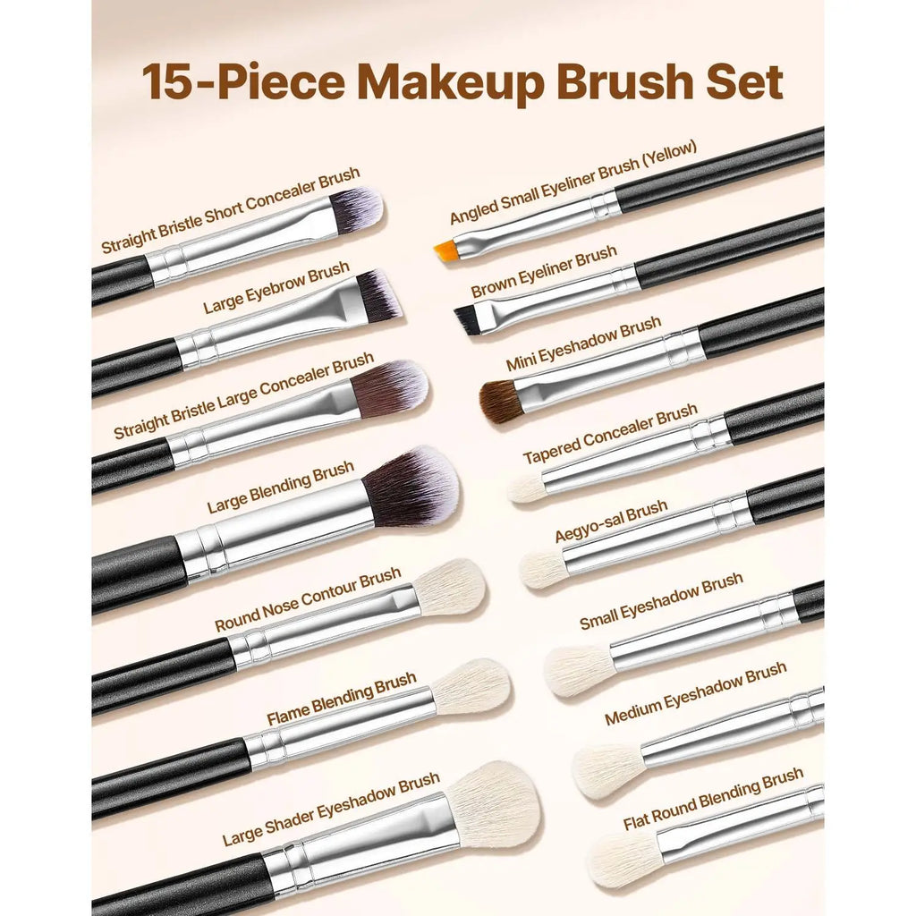 Professional Vegan 15-Piece Makeup Brush Set Foundation Blending Eyeshadow Soft Synthetic Bristles Ergonomic Flat Brushes