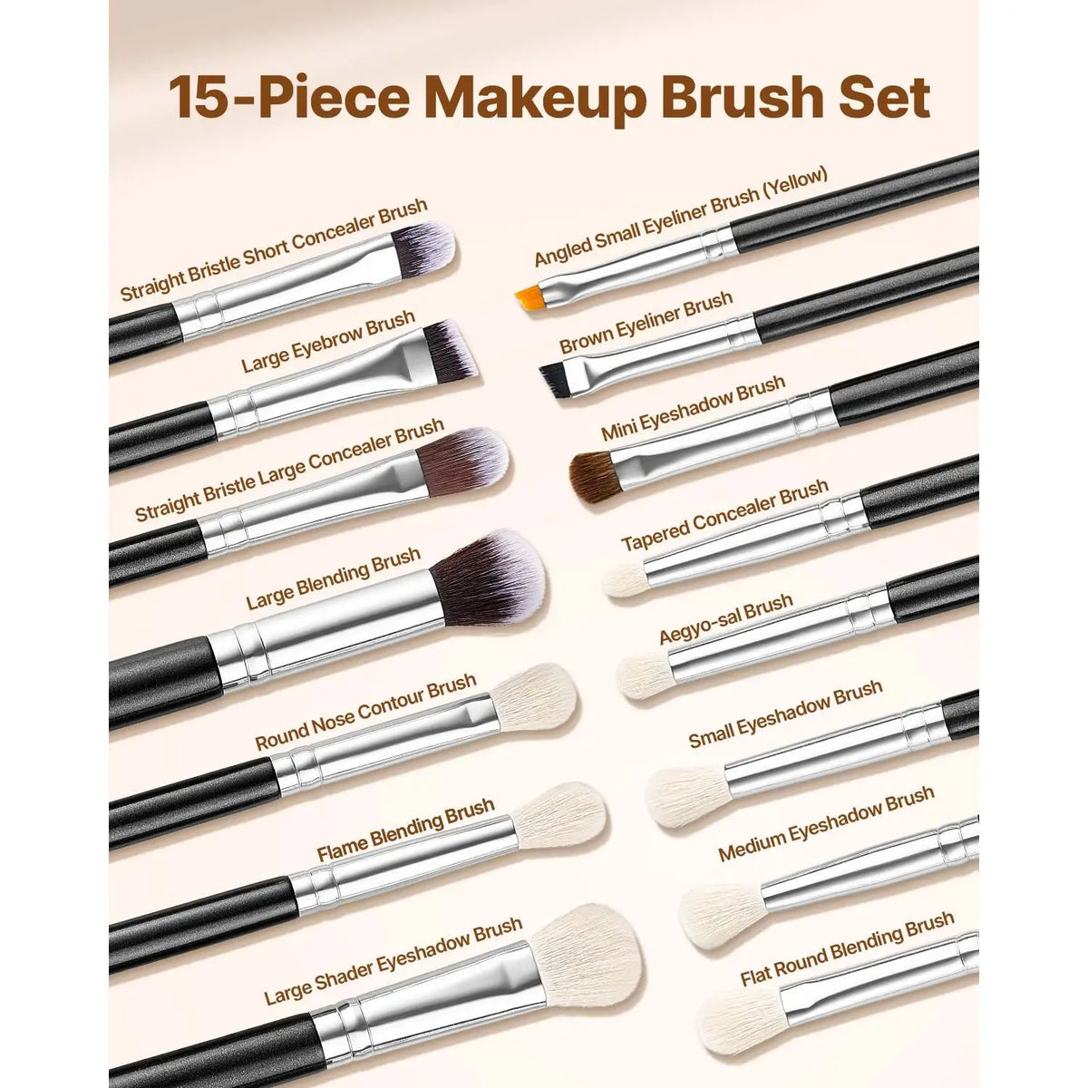 Professional Vegan 15-Piece Makeup Brush Set Foundation Blending Eyeshadow Soft Synthetic Bristles Ergonomic Flat Brushes