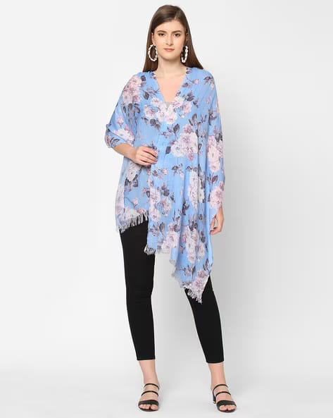 Blue sequins floral printed scarf