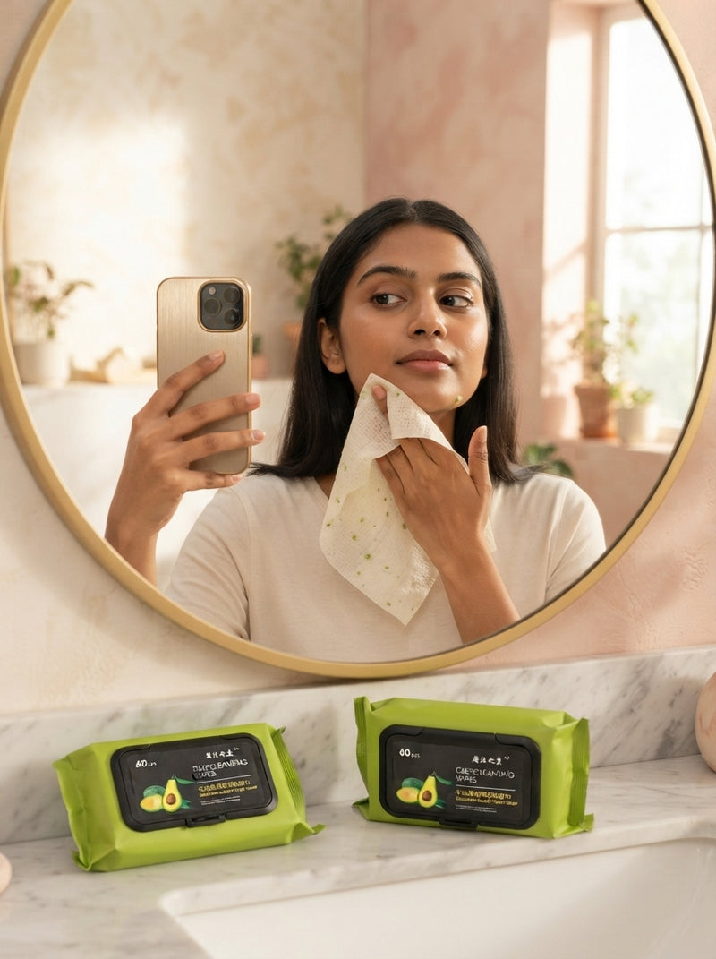 A young South Asian woman using an avocado cleansing wipe to clean her jawline in a mirror selfie.