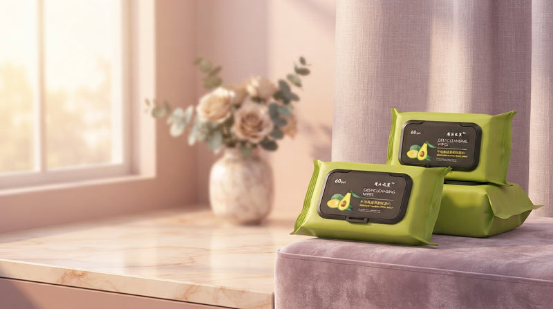 Two packs of avocado makeup remover wipes on a soft, blush-toned vanity surface with ample empty space for text.