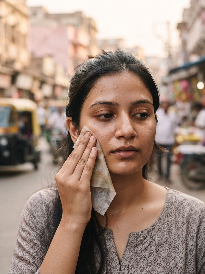 A woman using an avocado makeup wipe to clean her face after a rickshaw ride in an urban setting.
