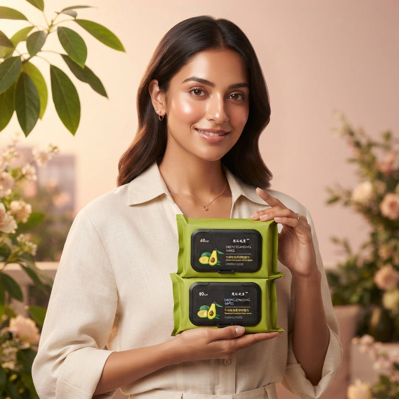 A South Asian woman holding a pack of two avocado makeup remover wipes in an urban garden with warm blush and cream lighting.