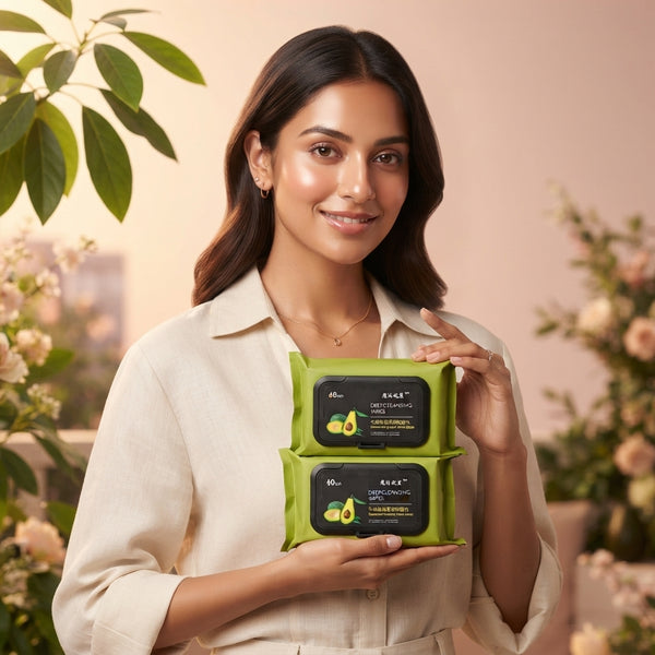 A South Asian woman holding a pack of two avocado makeup remover wipes in an urban garden with warm blush and cream lighting.